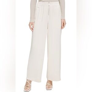 DKNY Women's High Waist Wide Leg Zipper Front Pants Ivory Size L